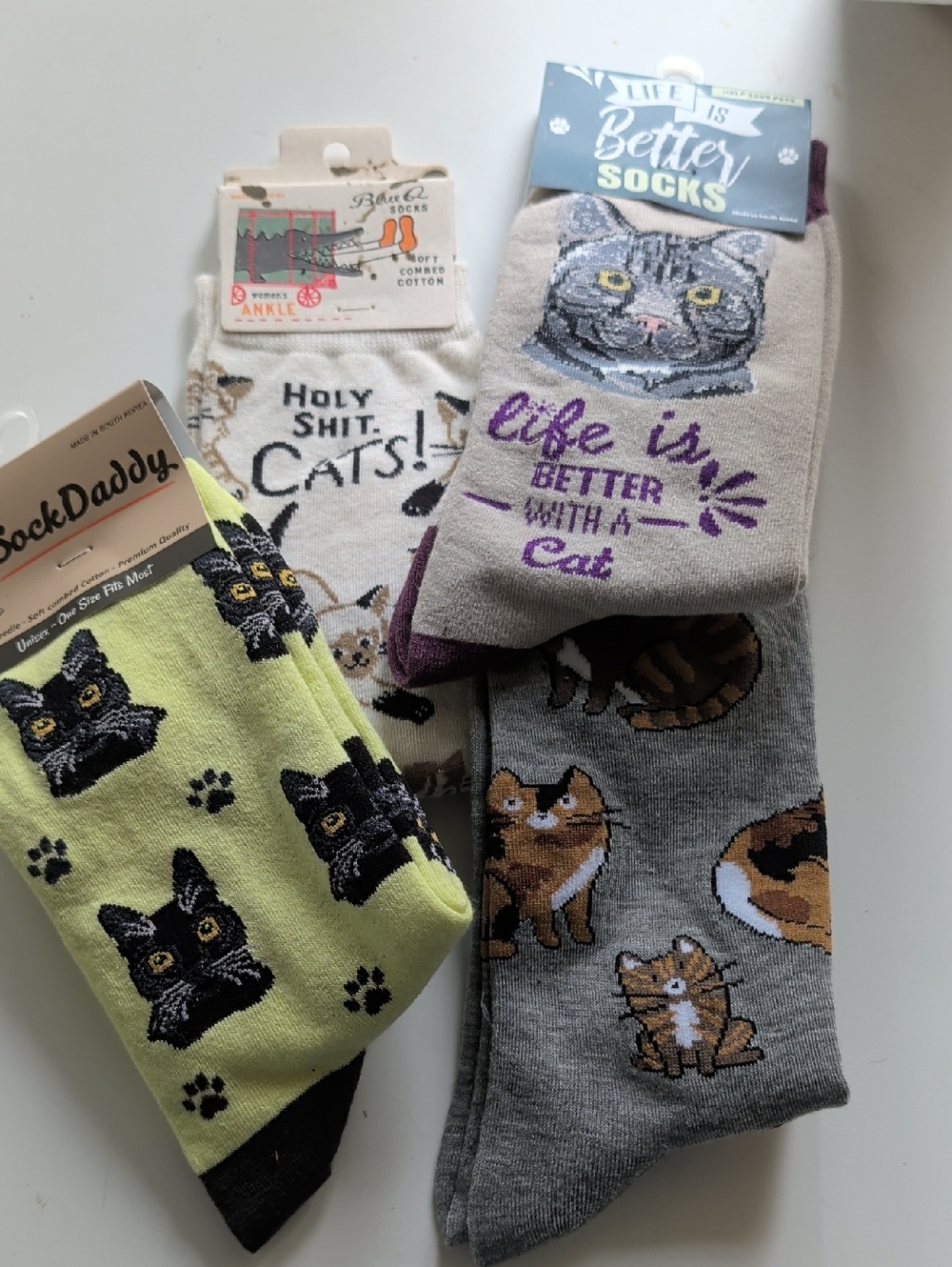 Cat Socks - Assorted Cream, Gray, Green